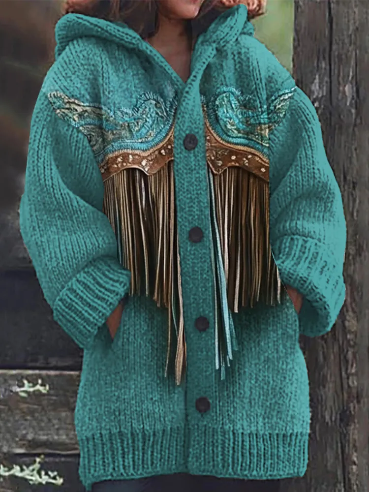 Floral Embroidered Turquoise Tassels Knit Hooded Cardigan