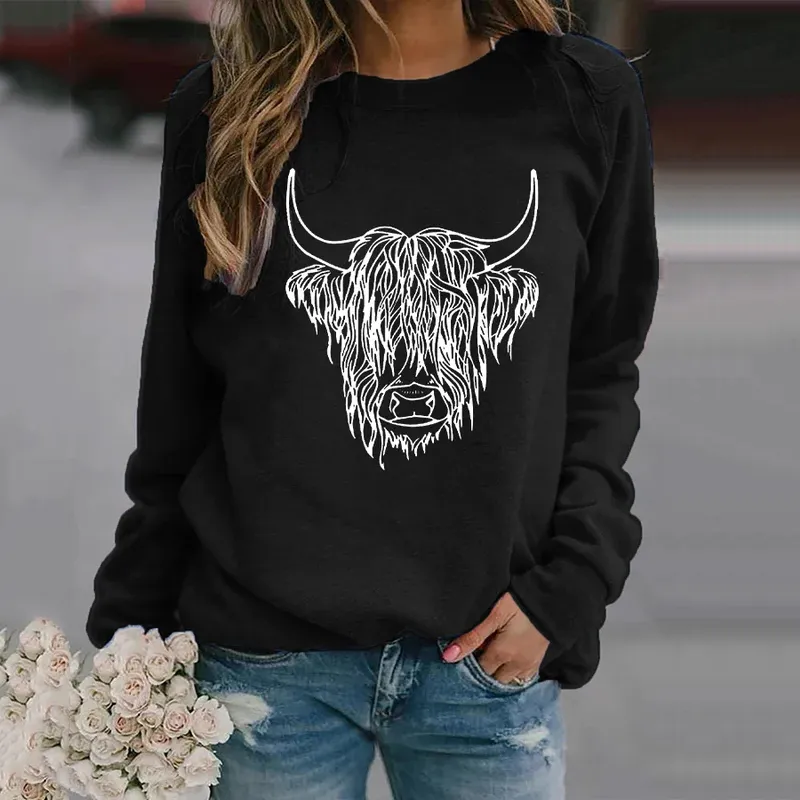 Highland Cow Printed Casual Long Sleeve Sweatshirt