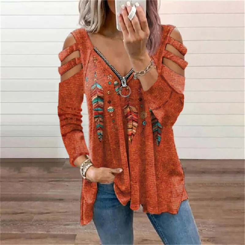 Casual Feather Print Cutout Long Sleeve T-Shirt