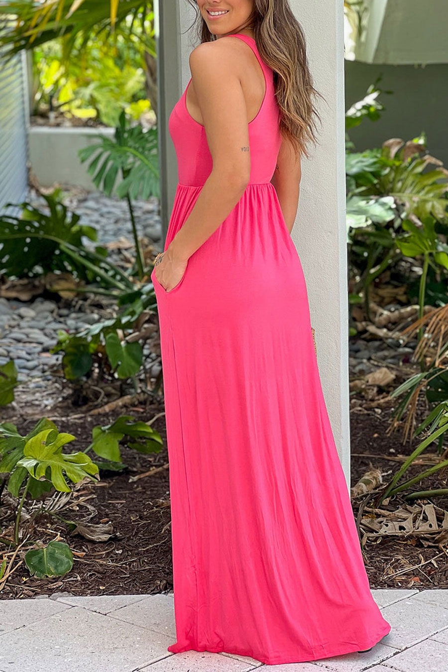 Coral Racerback Maxi Dress With Pockets