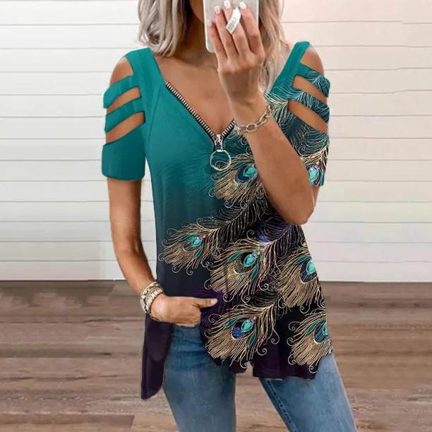 Women's Peacock Feathers V Neck Hollow Out Casual T-Shirt