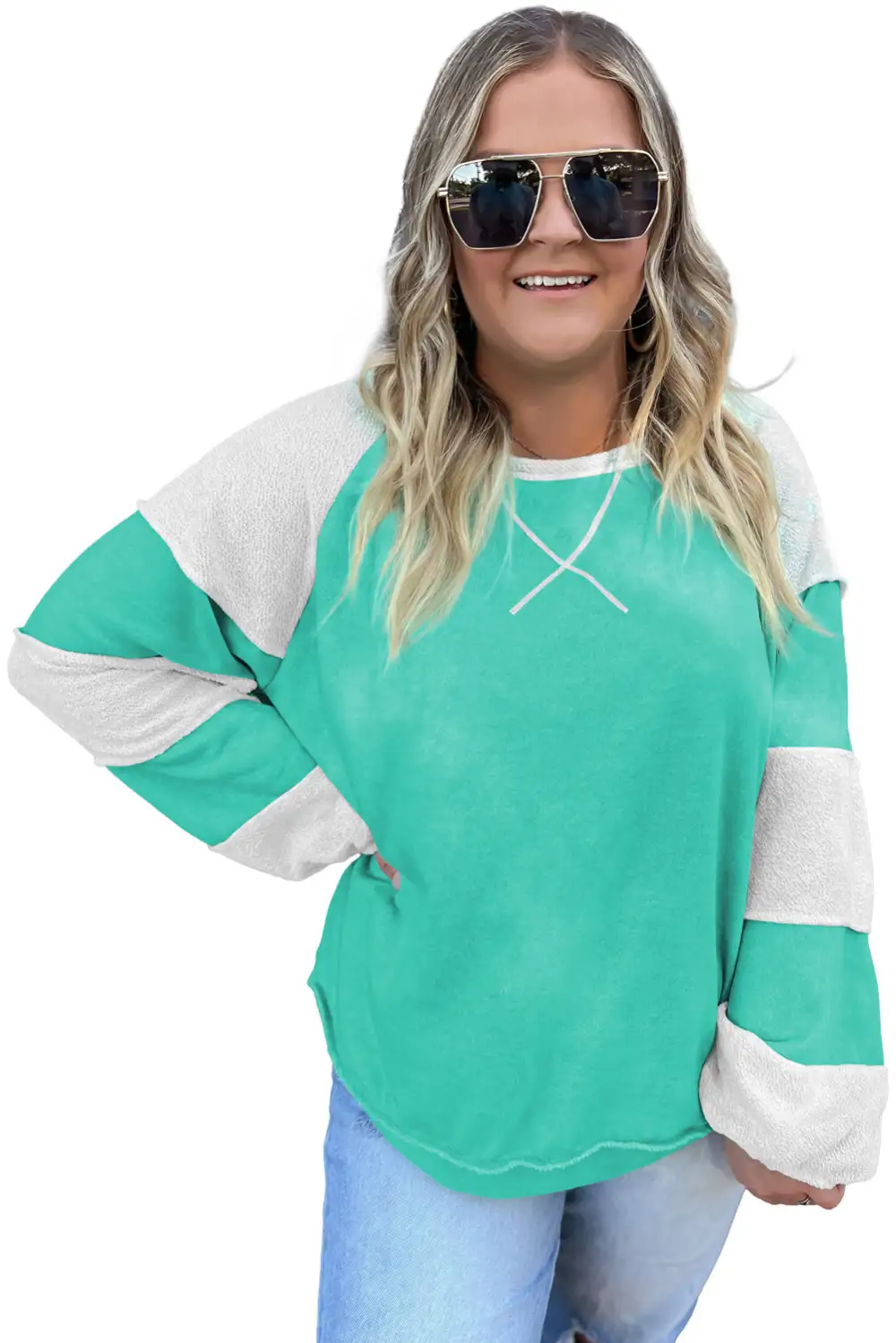 Aruba Blue Colorblock Patchwork Plus Sweatshirt