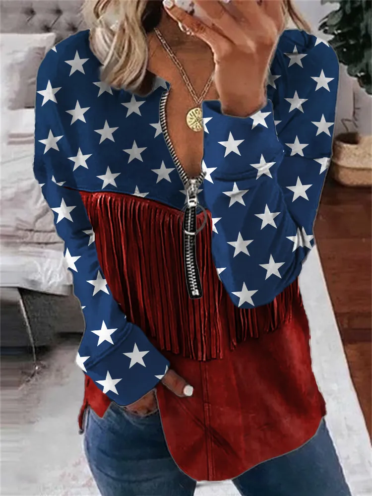 American Flag Inspired Contrast Leather Art Zip Up Sweatshirt