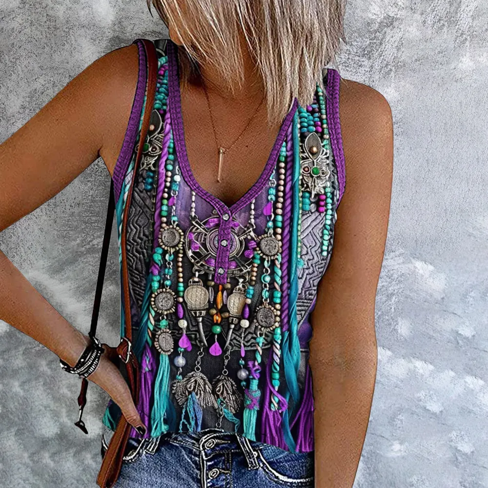 Women's Western Printed V-Neck Casual Tank Top