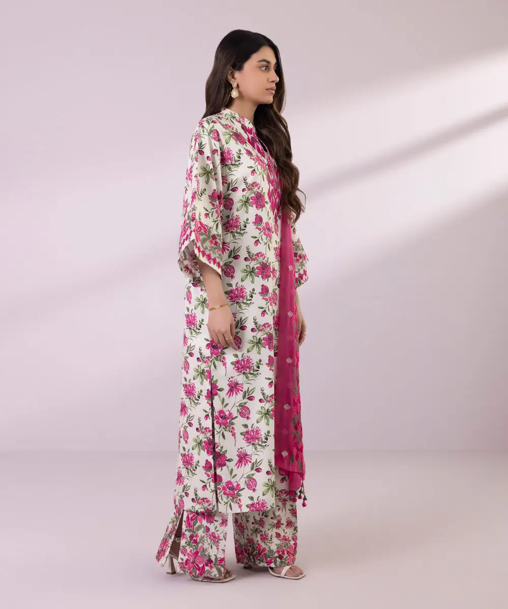 3 Piece - Embroidered Cotton Satin Suit