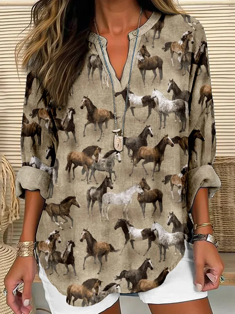 Western Wild Horses Pattern Linen Blend Cozy Tunic