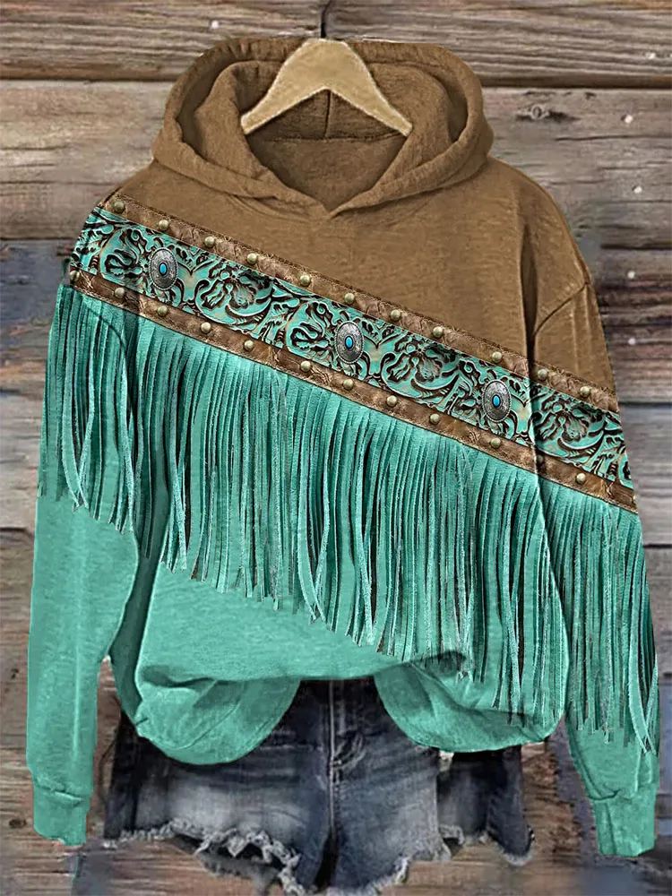 Western Tassel Design Print Casual Hoodie