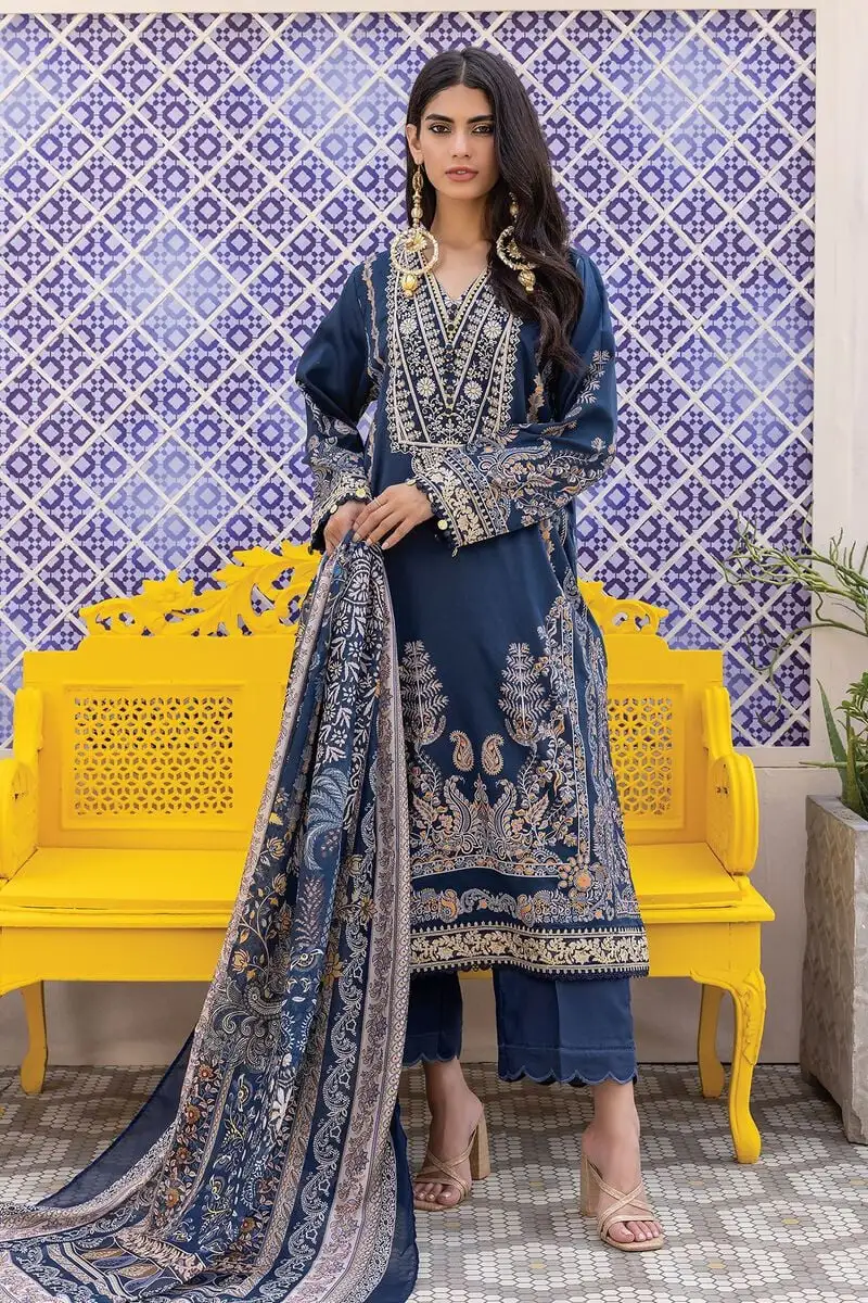 3 Piece Kurta Embroidered | Dupatta& Bottom & Tops | Color Navy blue