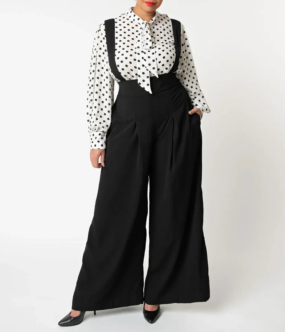 Unique Vintage Plus Size Black Wide Leg Rochelle Suspender Pants