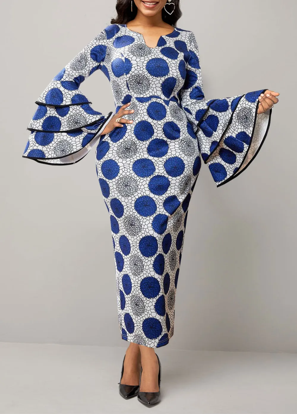 Tribal Print Blue Long Sleeve Bodycon Dress