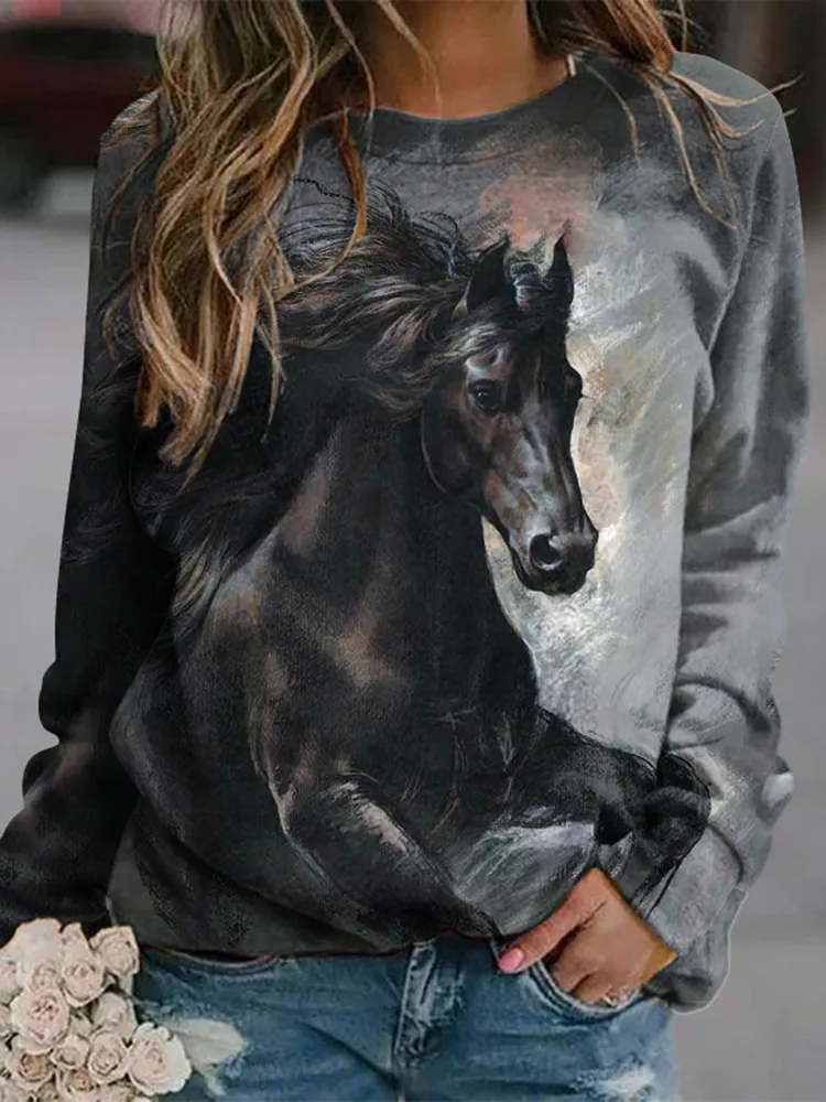 Western Horse Print Crew Neck Long Sleeve Sweatshirt