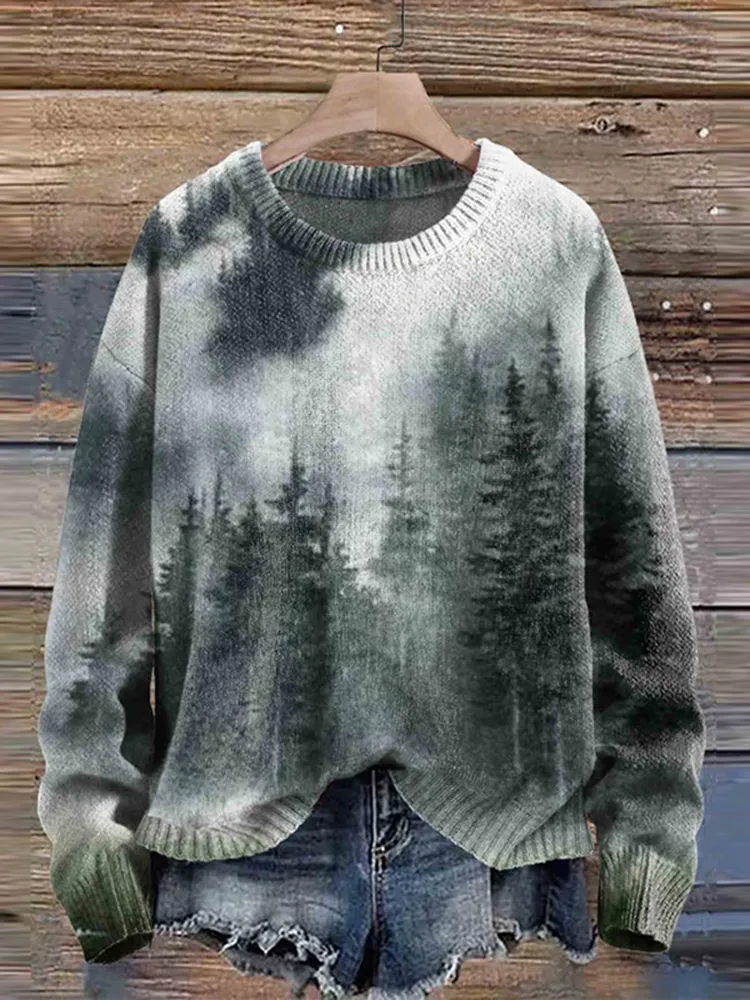 Forest Print Knitted Pullover Sweater