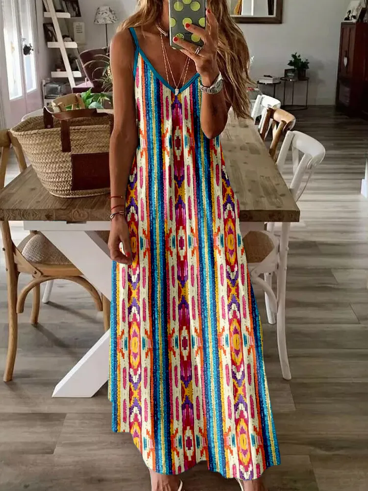 Retro Embroidery Serape Pattern V Neck Cami Maxi Dress