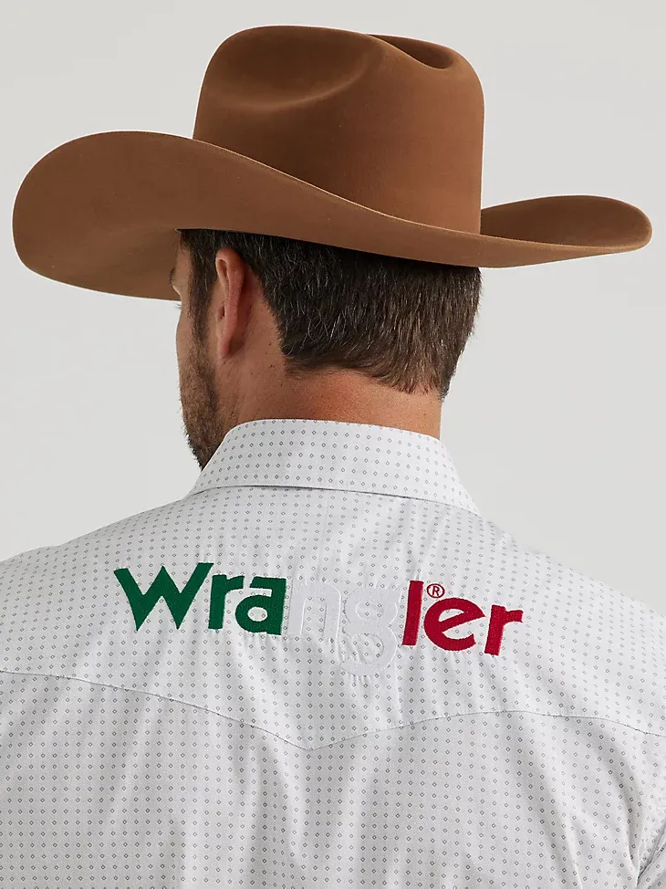 WRANGLER® LOGO MEXICO LONG SLEEVE WESTERN SNAP SHIRT IN PRINTED WHITE