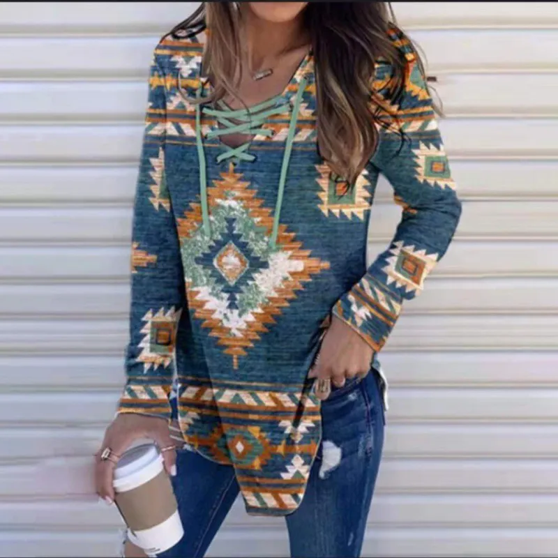 Vintage Western Print Tie Up Long Sleeve Sweatshirt