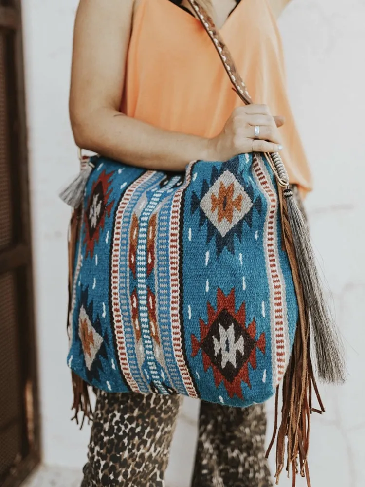 Women's Retro Ethnic Style Printed Tassel Shoulder Bag