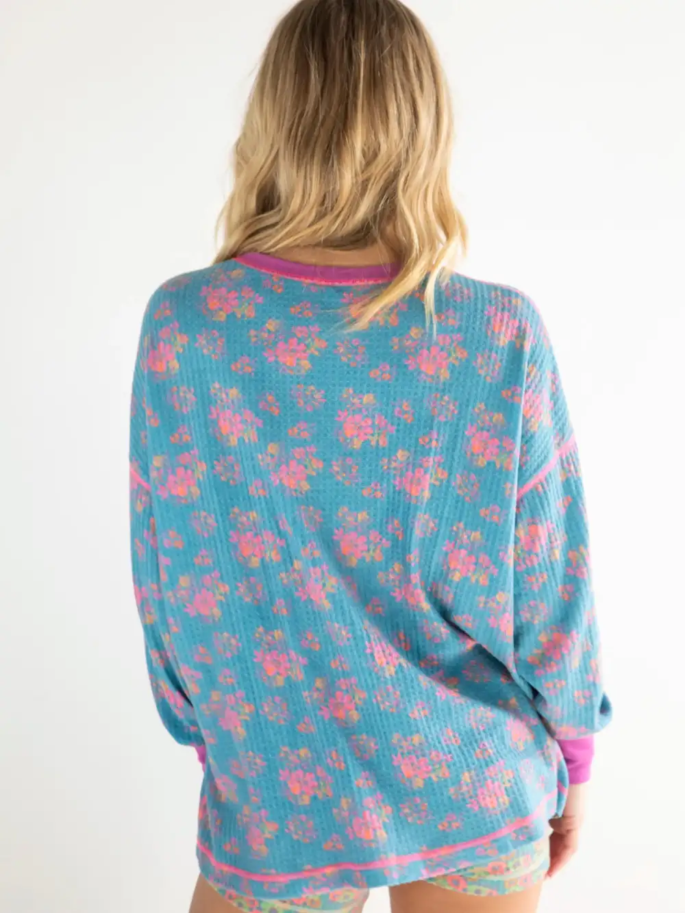 Mix & Match Waffle Pajama Top - Turquoise Pink Floral