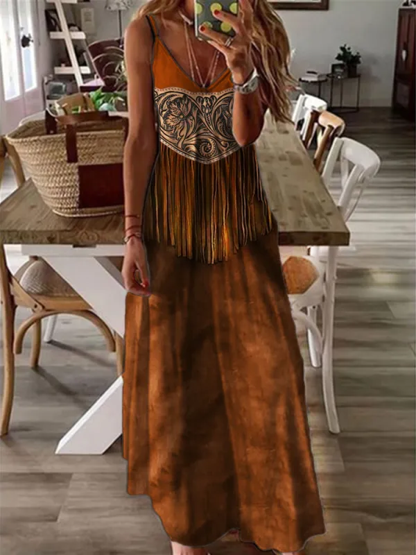 Western Floral Leather Tassels Cami Max Dress