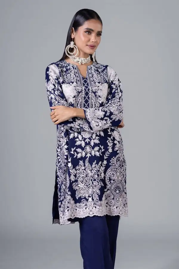 3 Piece Kurta Embroidered | Dupatta& Bottom & Tops | Color Navy blue