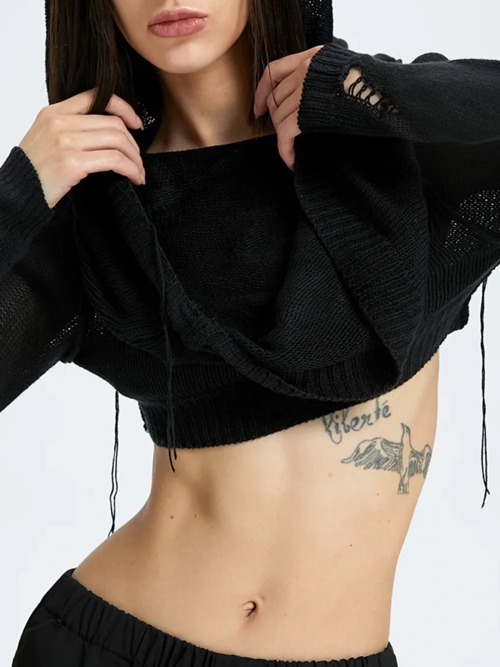 Edgy Black Hooded Cut Out Top Sweater