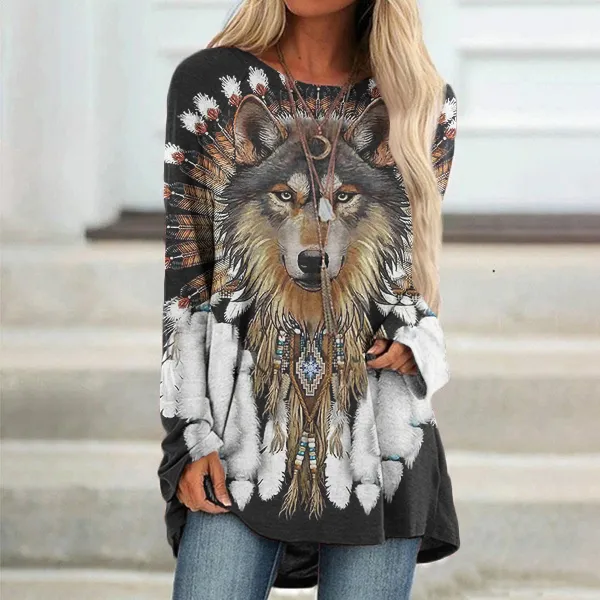 Western Animal Color Block Round Neck Tunic