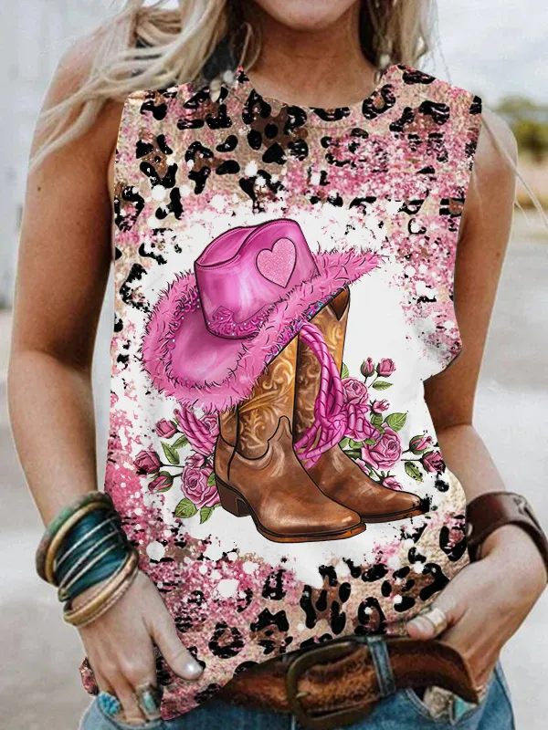 Cowgirl Boots Leopard Graphic Round Neck Tank Top