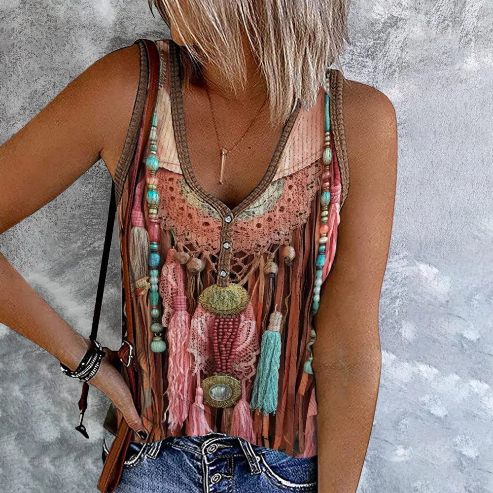 Vintage Western Tassel Printed Lace Button Tank Top