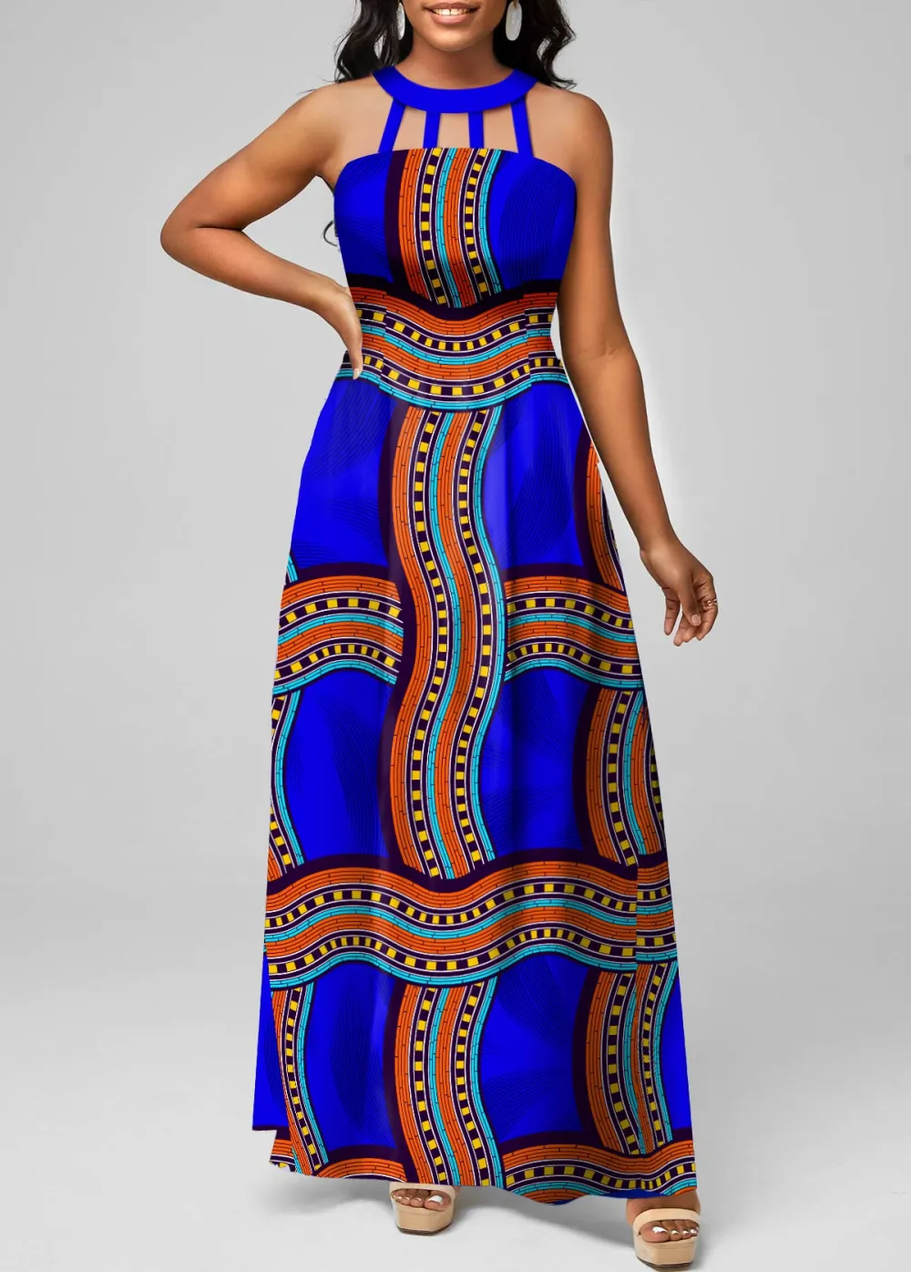 Tribal Print Cage Neck Royal Blue Maxi Dress