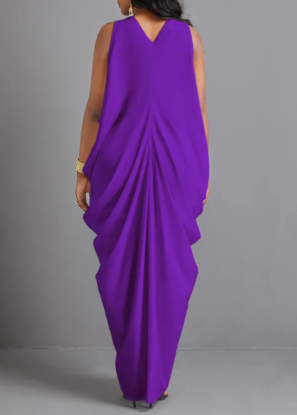 Split O Shape V Neck Purple Maxi Dress