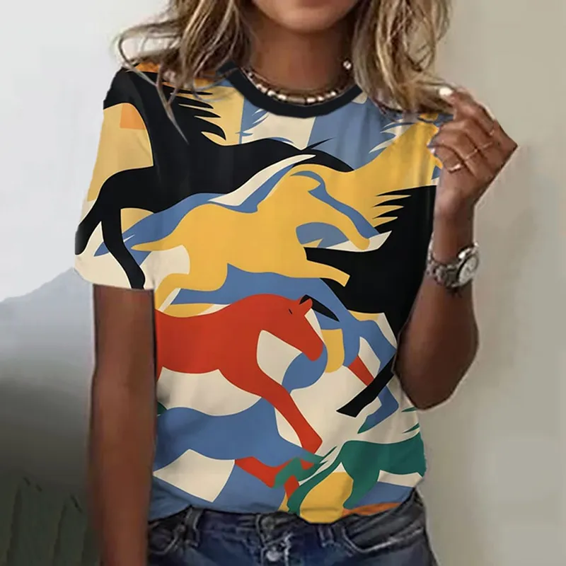 Women'S Multicolor Horse Printed Short Sleeve T-Shirt