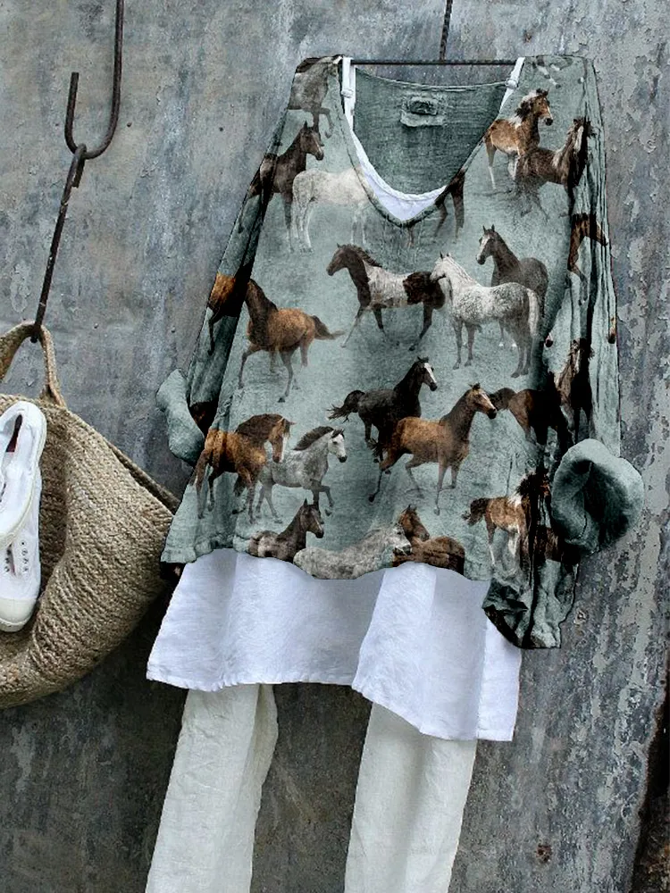 Western Wild Horses Pattern Linen Blend Flowy Tunic