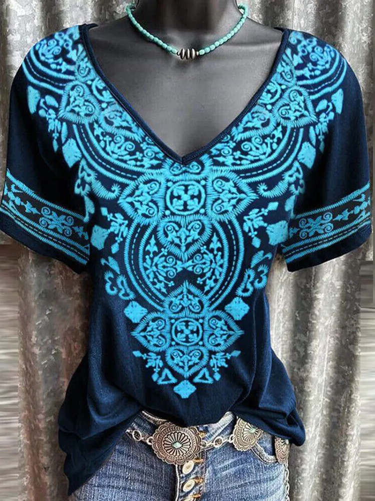 Boho Totem Print V-Neck Short-Sleeved T-Shirt