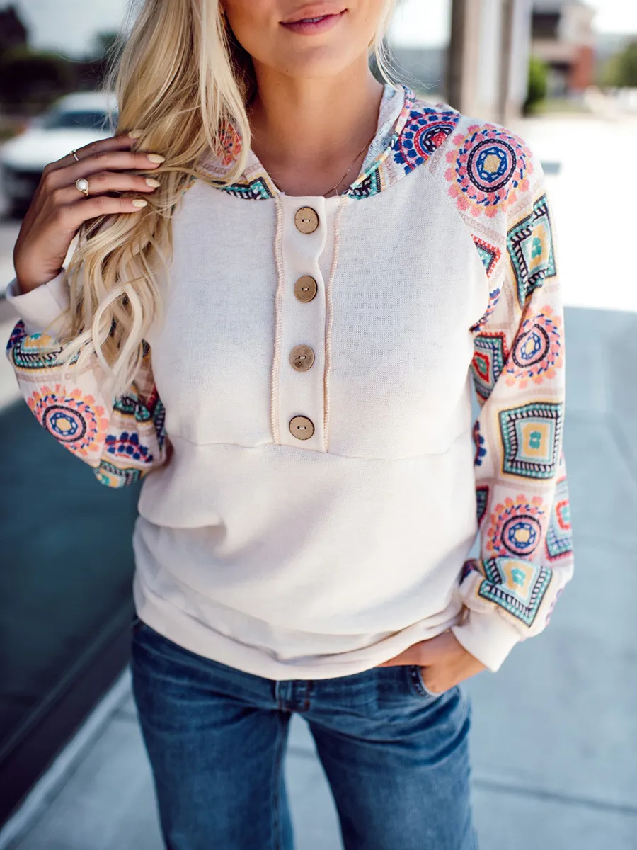 Women's pattern patchwork button up hoodie