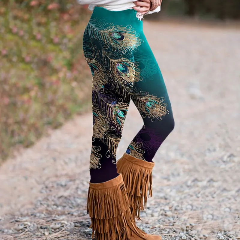 Women's Western Peacock Feathers Printed Casual Leggings