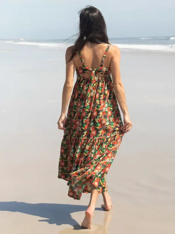 Mia Backless Maxi Dress - Orange Floral Blooms