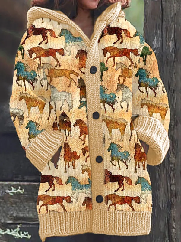 Vintage Western Horse Casual Cozy Knit Hooded Cardigan