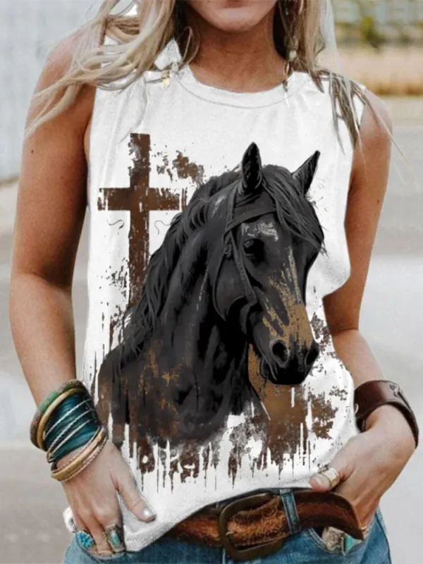 Vintage Cross Horse Print Sleeveless Tank Top