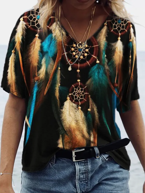 Western Dream Catcher Feathers V Neck T Shirt