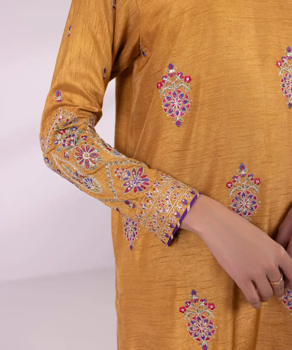 3 Piece - Embroidered Raw Silk Suit