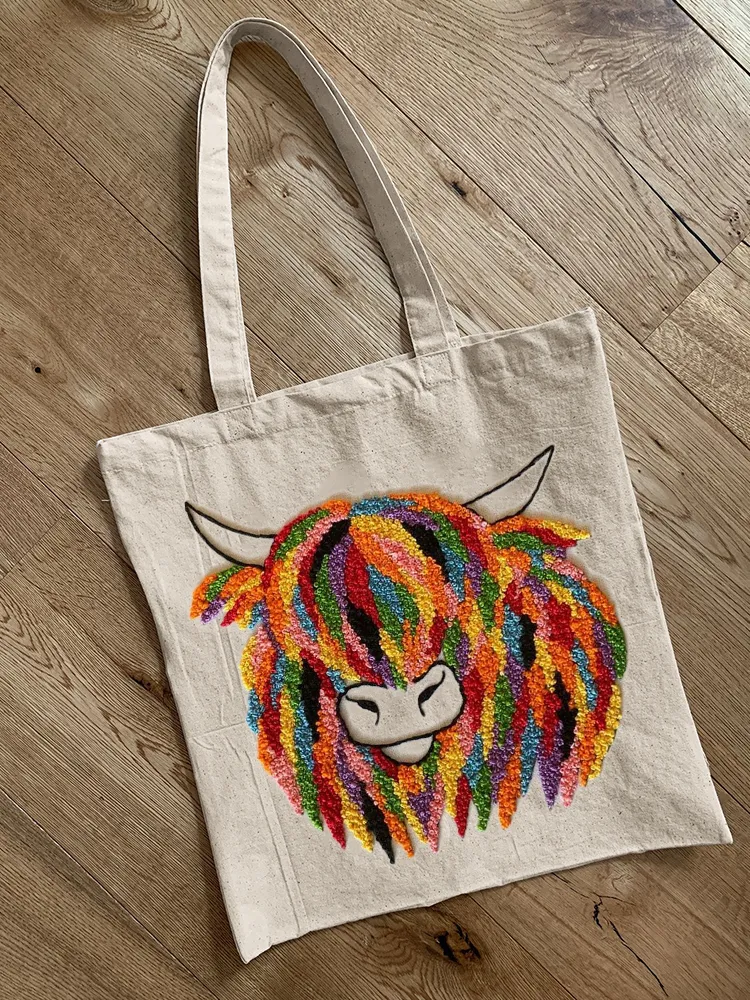 Colorful Highland Cow Embroidery Art Tote Bag