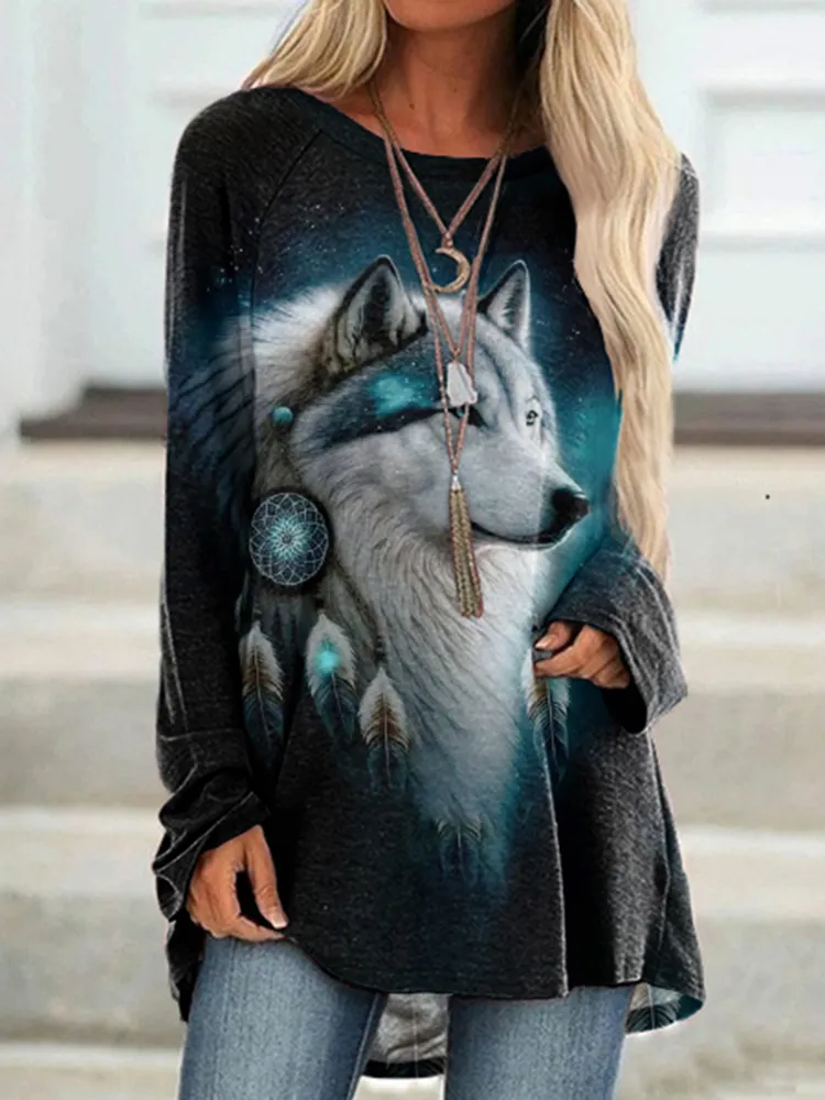 Western Wolf Print Casual Long Sleeve Tunic