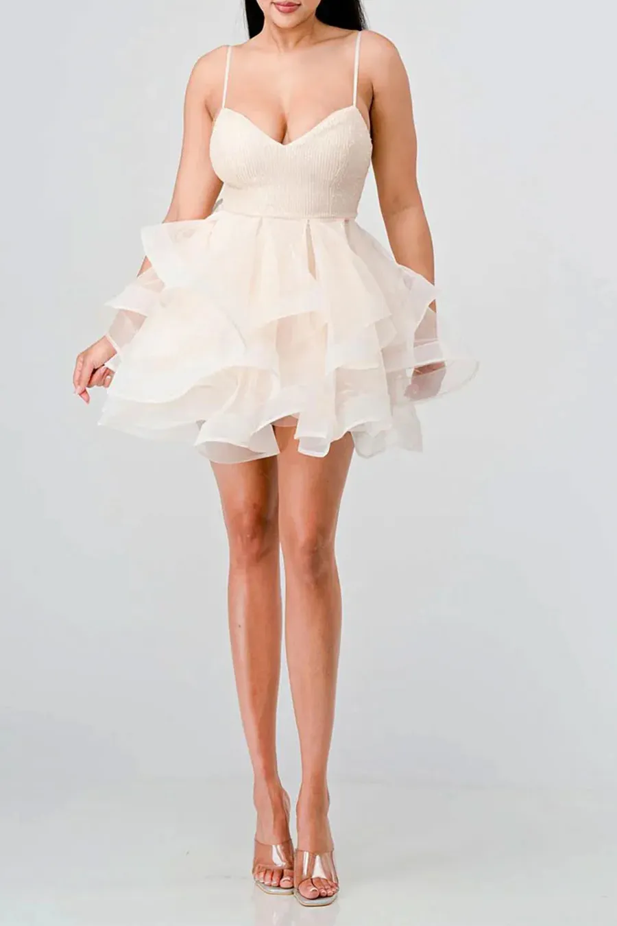 Sequins And Tulle Sweetheart Neck Ruffled Mini Dress