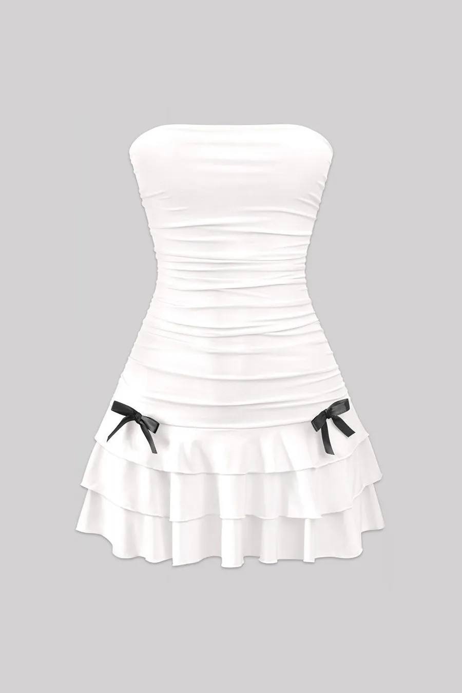 Coquette Strapless Ruched Ruffle Mini Dress With Bow Detail