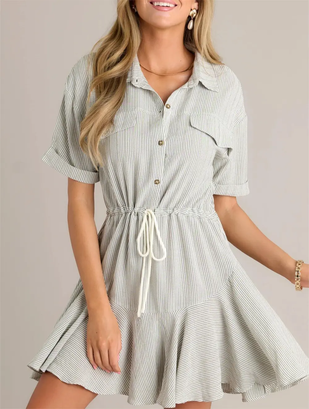 PARALLEL PERFECTION 100% COTTON OLIVE GREEN STRIPE MINI DRESS