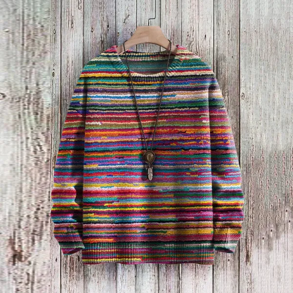 Colorful Striped Printed Crew Neck Long Sleeved Casual Sweater