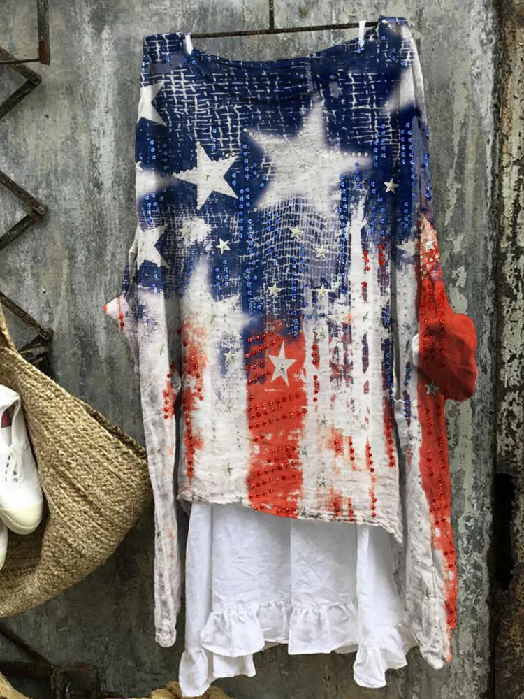 Vintage American Flag Rhinestone Tie Dye Linen Blend Tunic