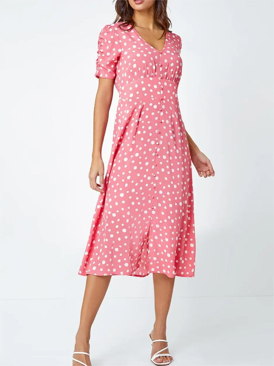 V-neck polka dot button dress