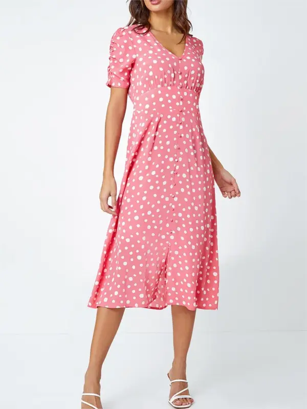 V-neck polka dot button dress