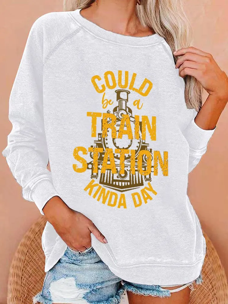 Western Train Print Long Sleeve Casual Sweatshirt