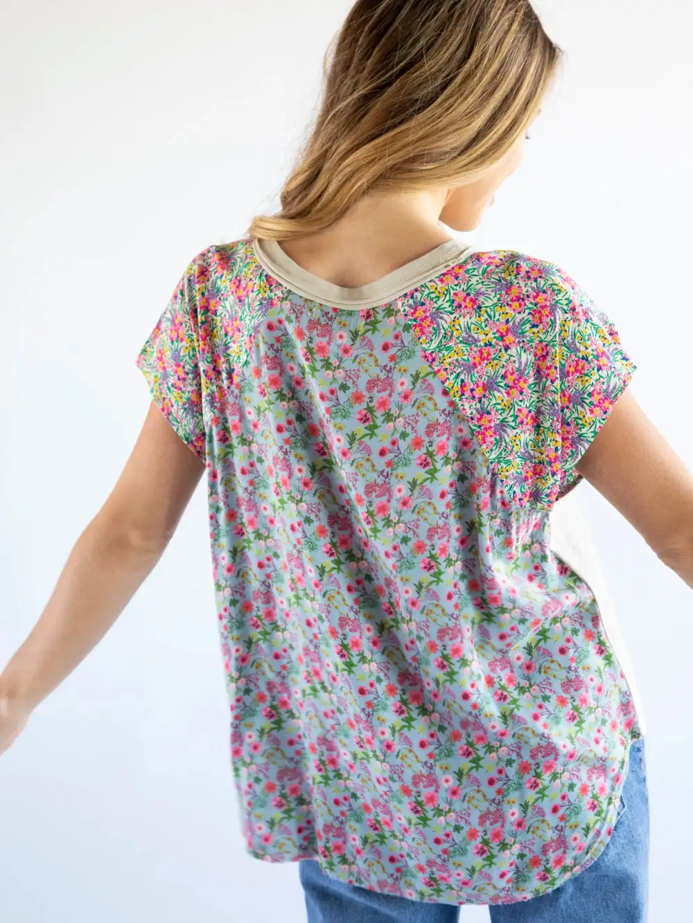 Daphne Mixed Print Top - Blue Pink Mixed Floral